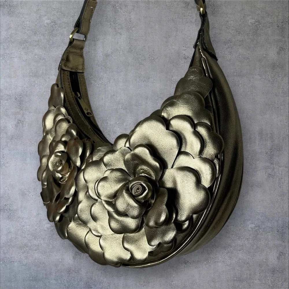 Patricia Nash Coley Antique Gold 3D Rose Petal Crescent Shoulder Bag Retired Y2K